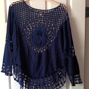 Venus Boho Navy Crochet Top Cover-Up L